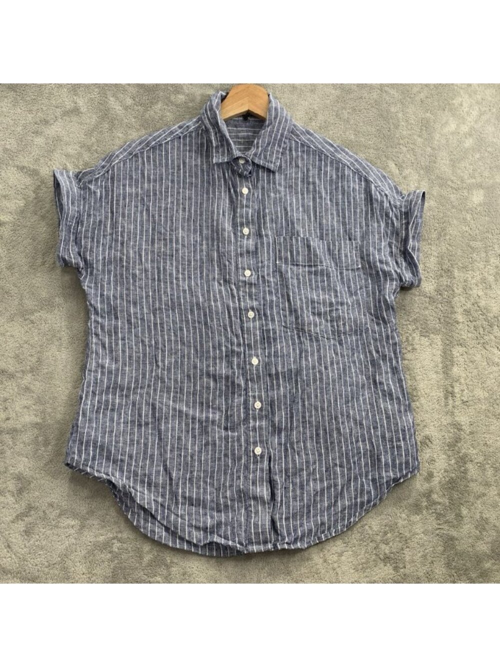 Quince Shirt Women XS 100% European Linen Striped Short Sleeve Button Up Blue